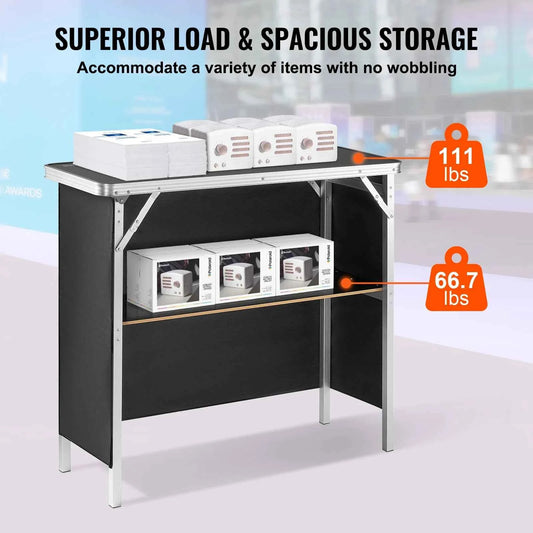 Folding Portable Bar Table or Tradeshow Podium Table for Party, Picnic, Exhibition. Includes Carrying Case, Storage, Shelf Skirt