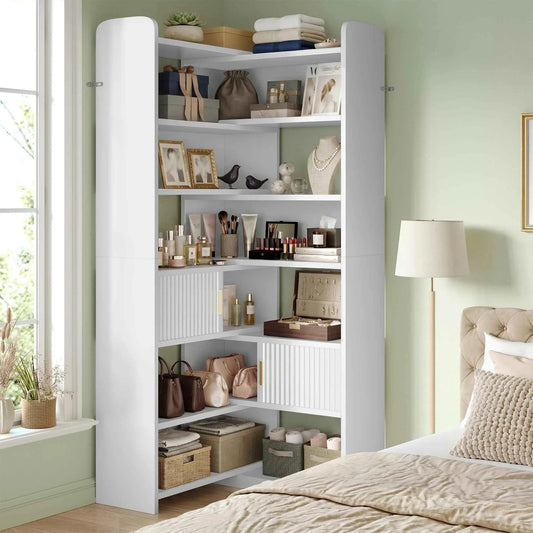 75.1" Corner Bookshelf with 7 Tiers, 2 Storage Cabinets, Color is White. Wood and Holds 100 Lbs/Shelf, Magnetic & Fluted Doors.