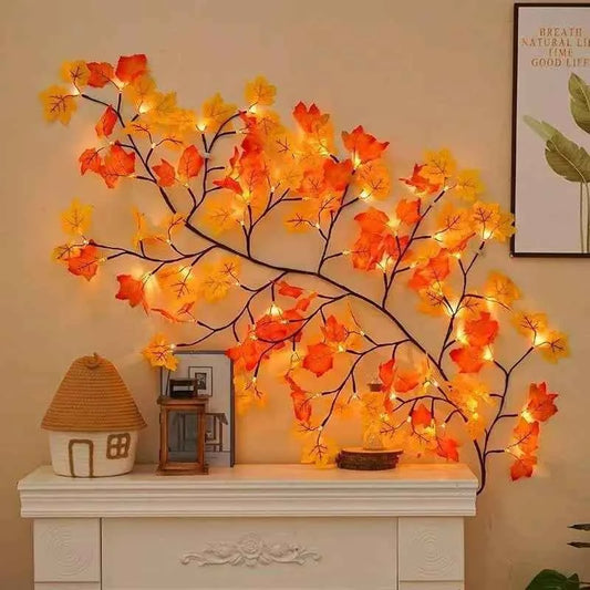 Thanksgiving Autumn Maple Leaf Vine Wall Light, Flexible Branch, LED Fairy String Light Fall Maple Garland Lamps.