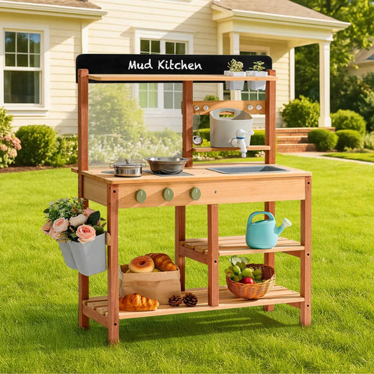 Robud Montessori Mud Kitchen. Wooden Outdoor Play Kitchen with Sink & Storage. Develops Fine Motor Skills. Ideal Gift for Kids Age 3+