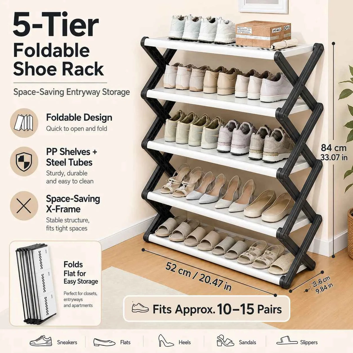 Foldable Shoe Rack, Space-Saving Entryway Shoe Organizer with Stable X-Frame, PP Shelves & Steel Tubes, No Assembly Needed