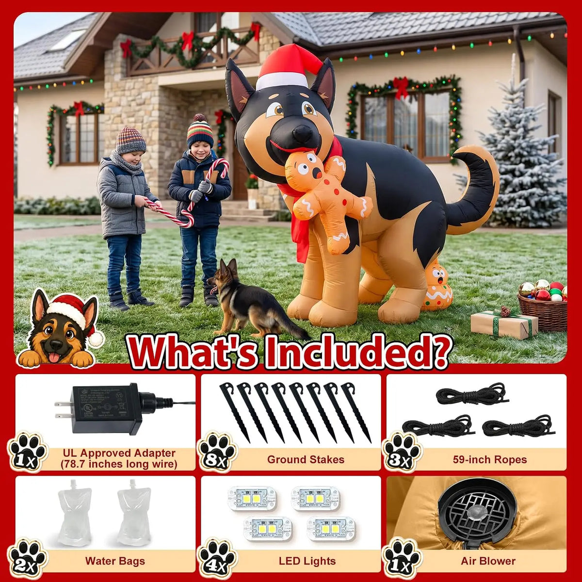 5FT Funny Christmas Inflatable Outdoor Decor, Pooping Dog Blow Up Holding Gingerbread Man with LED Lights, Holiday.