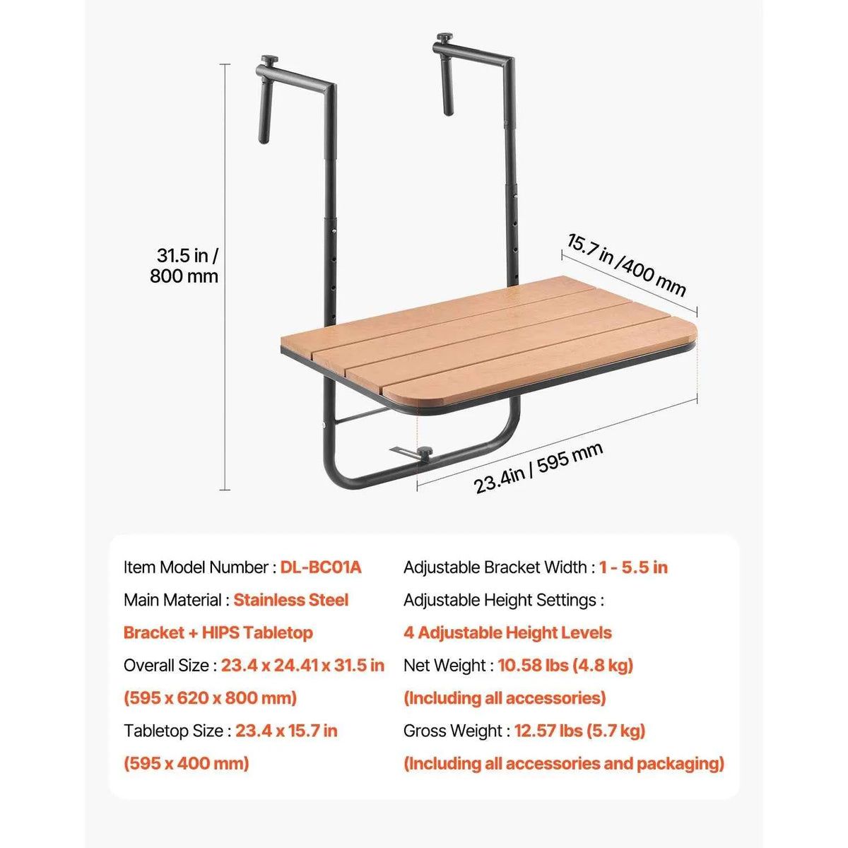 SucceBuy Balcony Hanging Table.. Folding Balcony Railing Table. Outdoor Serving Table for Patio Deck