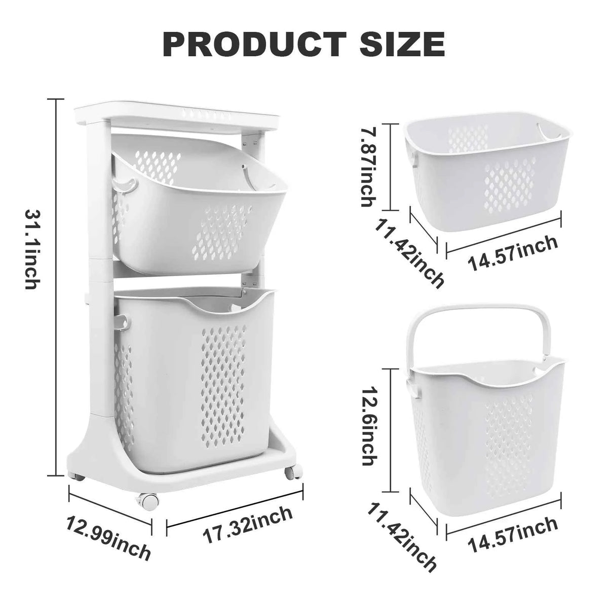 2/4 Tier Laundry Basket Cart. Removable Storage Buckets. Plastic Hamper with 4 Wheels. White