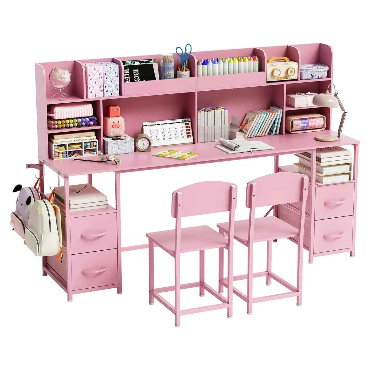 69 inch Double Kids Desk & Chair Set With Hutch, 4 Drawers, Shelves & Hooks, 2-Person Study Table Ages 6-12 Bedroom Playroom