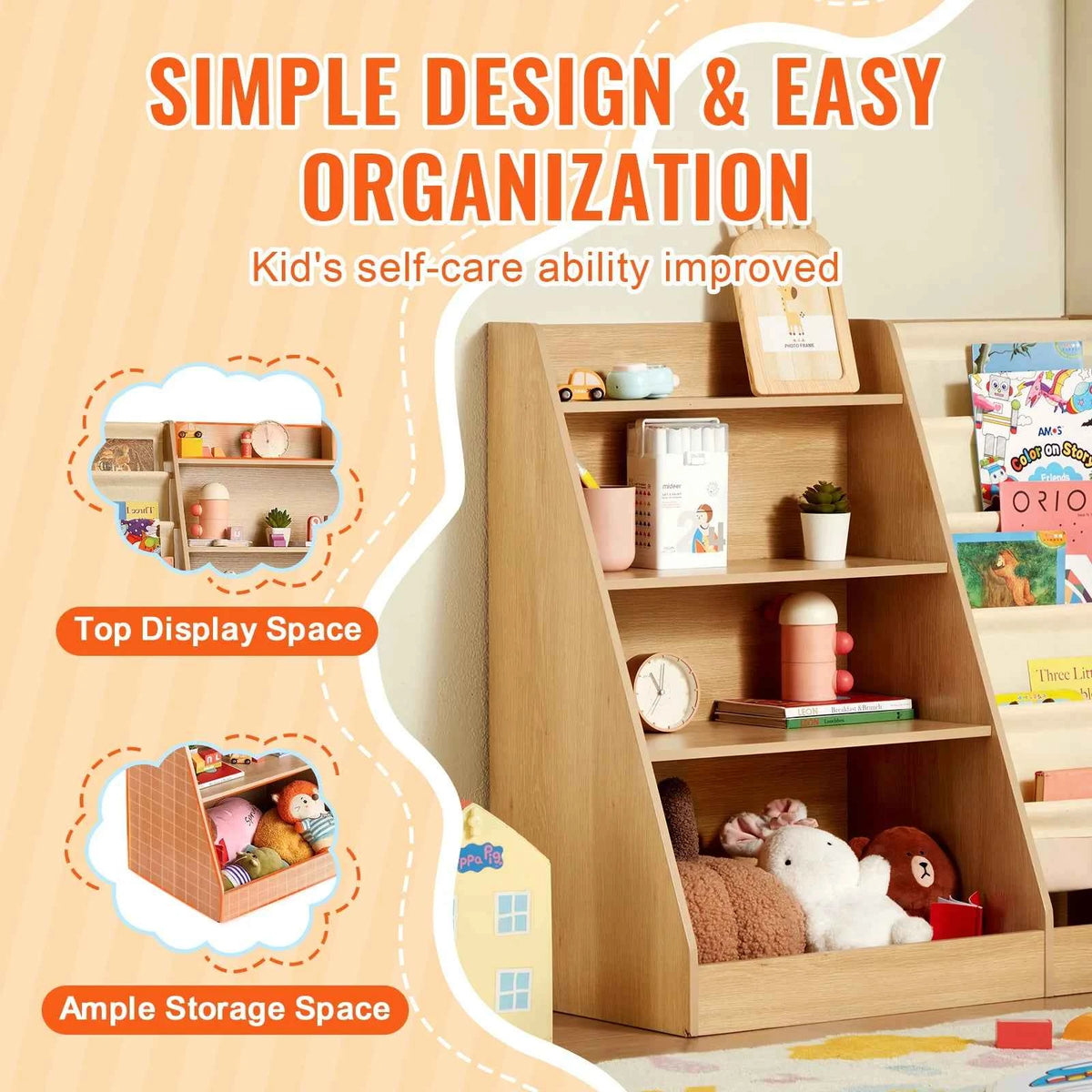 VEVOR 4-Tier Kids Wooden Bookshelf with Six-Layer Sling Bookcase.