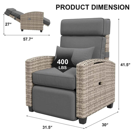 Recliner Chair with Adjustable Wicker,150° Lay-Flat Backrest & Footrest,Flip-Up Side Table,Removable Thick Cushion,Comfortable Chair for Patio Indoor and Outdoor,Grey