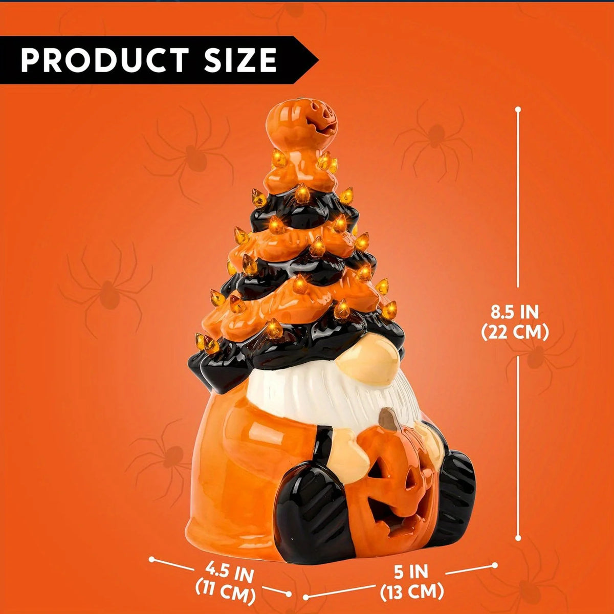 8.5 inch Tall Halloween Pumpkin Gnome Decoration, Ceramic Tree with Build-in LEDs. Tabletop Decor for Halloween, Indoor Party, Battery Operated,