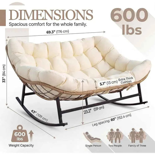 Oversized Double Rocking Papasan Chair with Thick Cushion, 2 Person Big Wicker Outdoor Comy Recliner, Extra Large Heavy Duty Egg