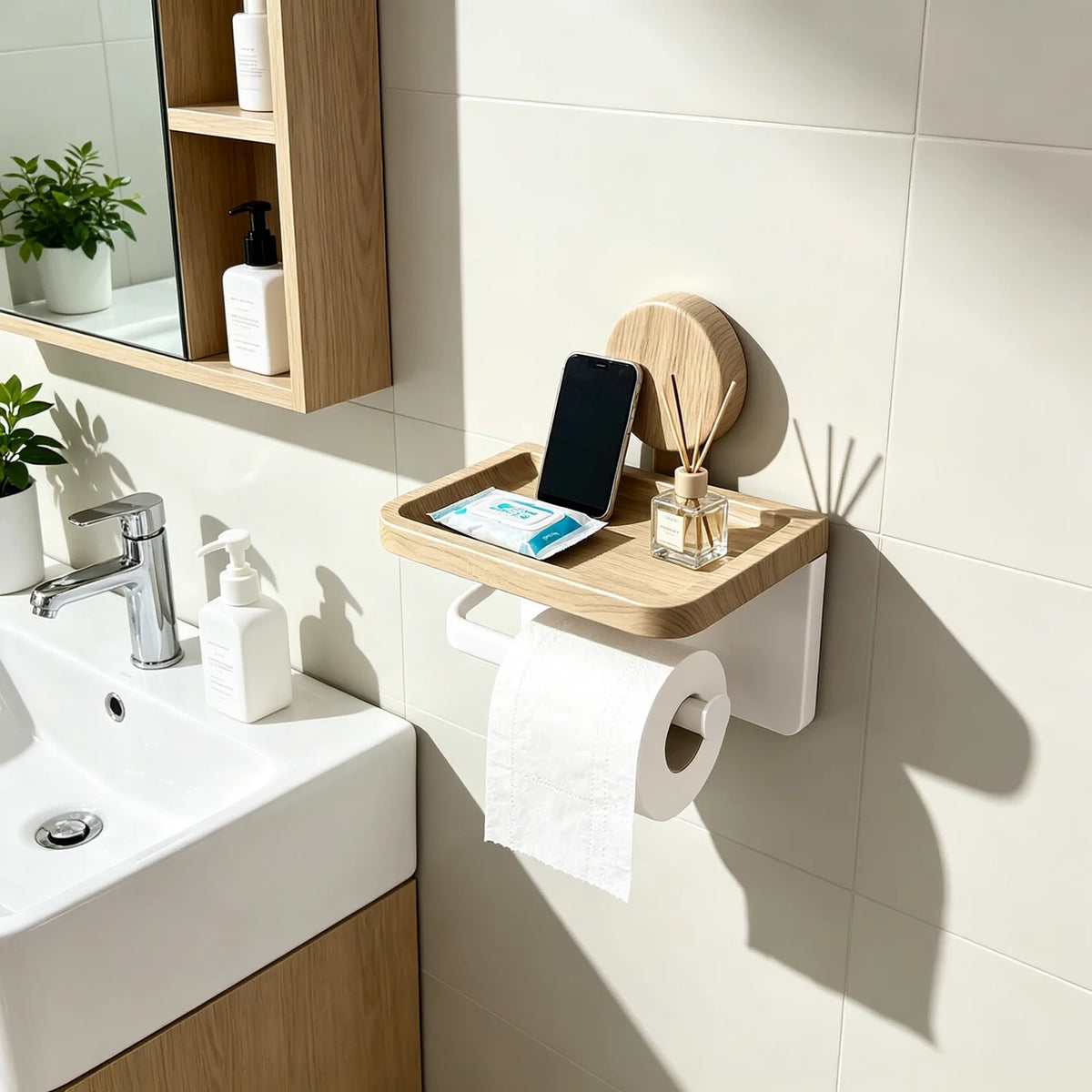 No Drill Wall Suction Cup Toilet Paper Holder Wood‑Look Tray Bathroom Tissue Holder with Phone Shelf