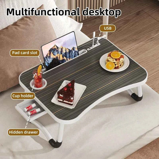Portable & Foldable Laptop Table with Storage Drawer, Tablet Slot, & Cup Holder.