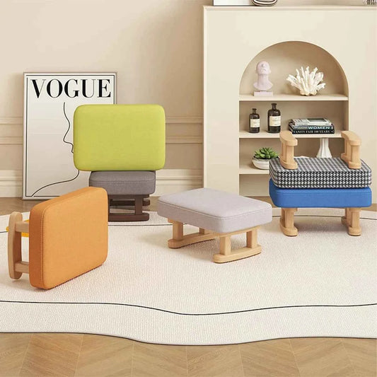 Solid Wood Rocking Footstool with Linen Upholstered Padded Ottoman. Portable. Small Shoe Changing Bench. Low Foot Rest Stool.