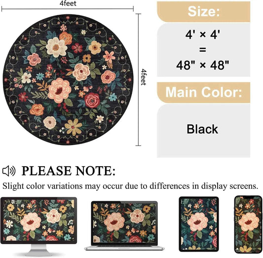Round Floral Area Rug, Washable, Non Slip, Black, Small, & Round Carpet. For Living Room Bedroom Kitchen Entryway Home Decor