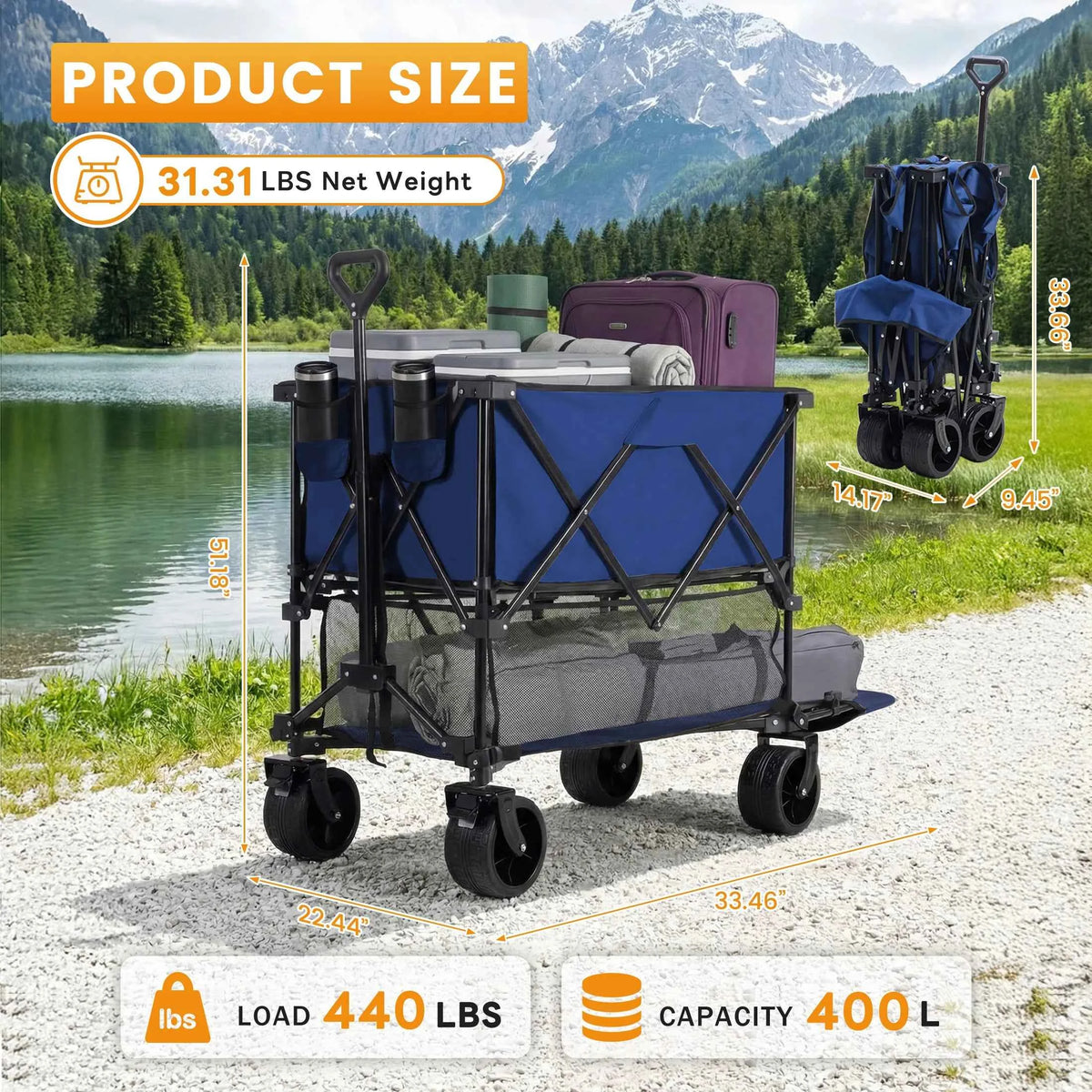 MCQ 51 Inch Folding Outdoor Double Layer Picnic Table with Collapsible Wagon with Wheels. 440lbs. Foldable Table, Grocery Cart on Wheels for Camping, Picnic, Outdoor. Indoor. Easy to Fold and Store