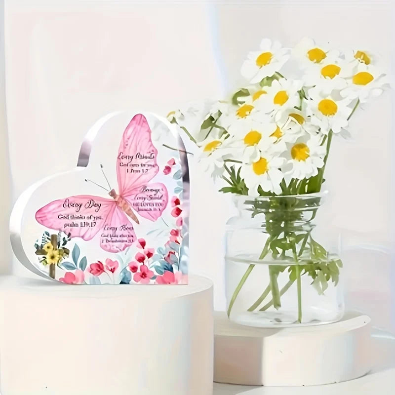 "God Cares For You" Heart‑Shaped Acrylic Tabletop Plaque, Large Pink Butterfly, Floral with Bible Verses on Butterfly. Desk Keepsake Gift