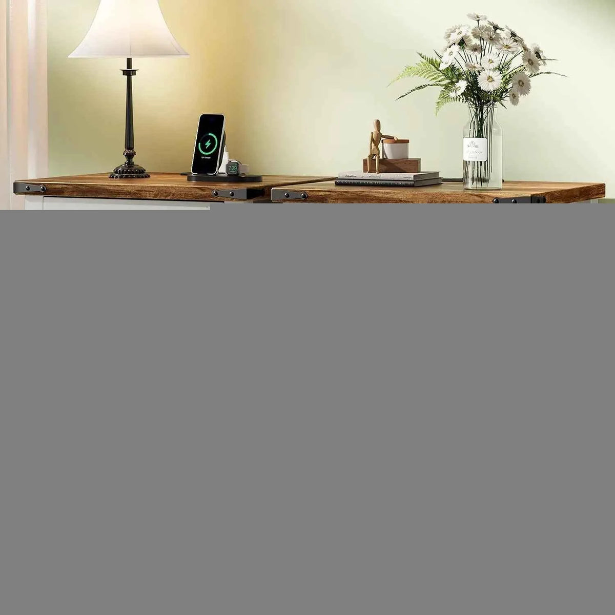 Farmhouse Nightstand Set of 2 with Charging Station, Wood Bedside Table, Customized