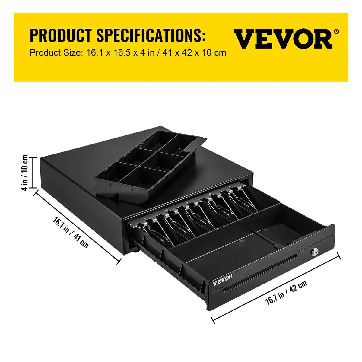 Cash Register Drawer 16" 12 V for POS System Tray. Removable Coin Compartment & 2 Keys Included RJ11/RJ12 Cable Drawer