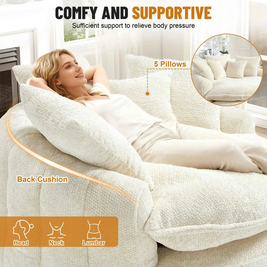 54.3" Round Chaise Lounge Chair, Modern Upholstered Boneless Couch with 5 Throw Pillows and Deep Seat