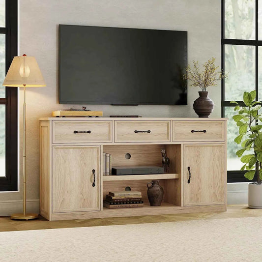 TV Stand For 65 Inch TV. Farmhouse Television Cabinet With 3 Drawers, 2 Doors with Adjustable Shelves. Storage And Open Shelves. Wooden TV Console Media Cabinet