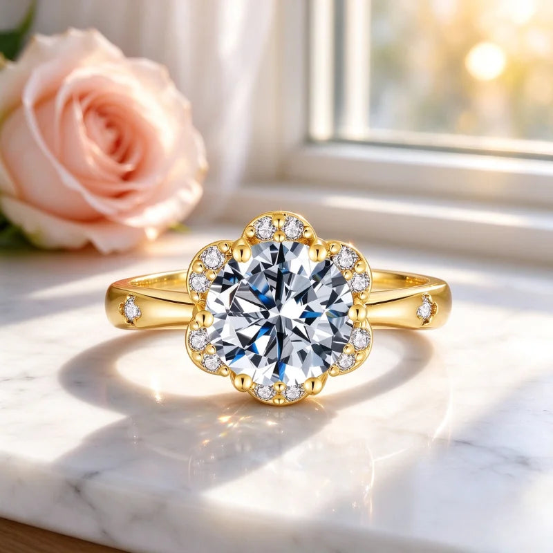 3CT Flower Shaped CZ Engagement Ring for Women, 18K Yellow Gold Plated Floral Solitaire Wedding Promise Band, Luxury Fine Jewelry for Anniversary & Holiday Gifts