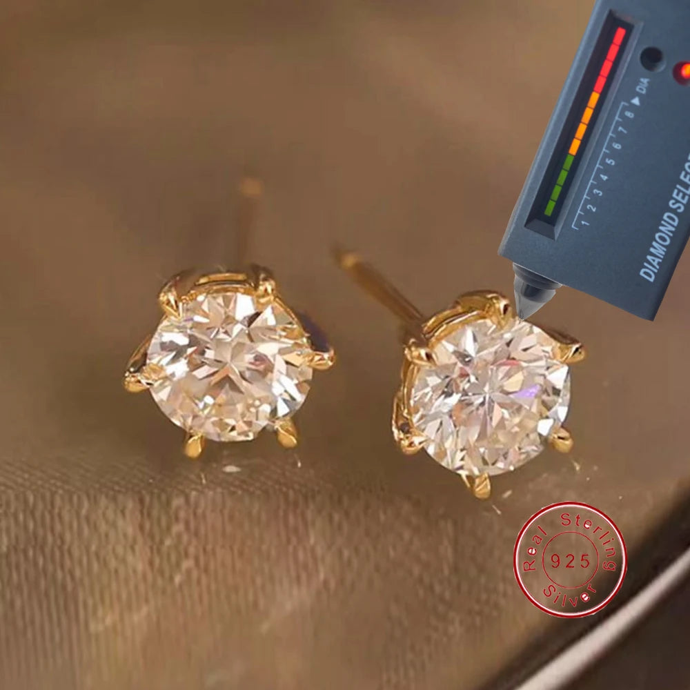 Classic Golden Six Claw Moissanite Stud Earrings for Woman