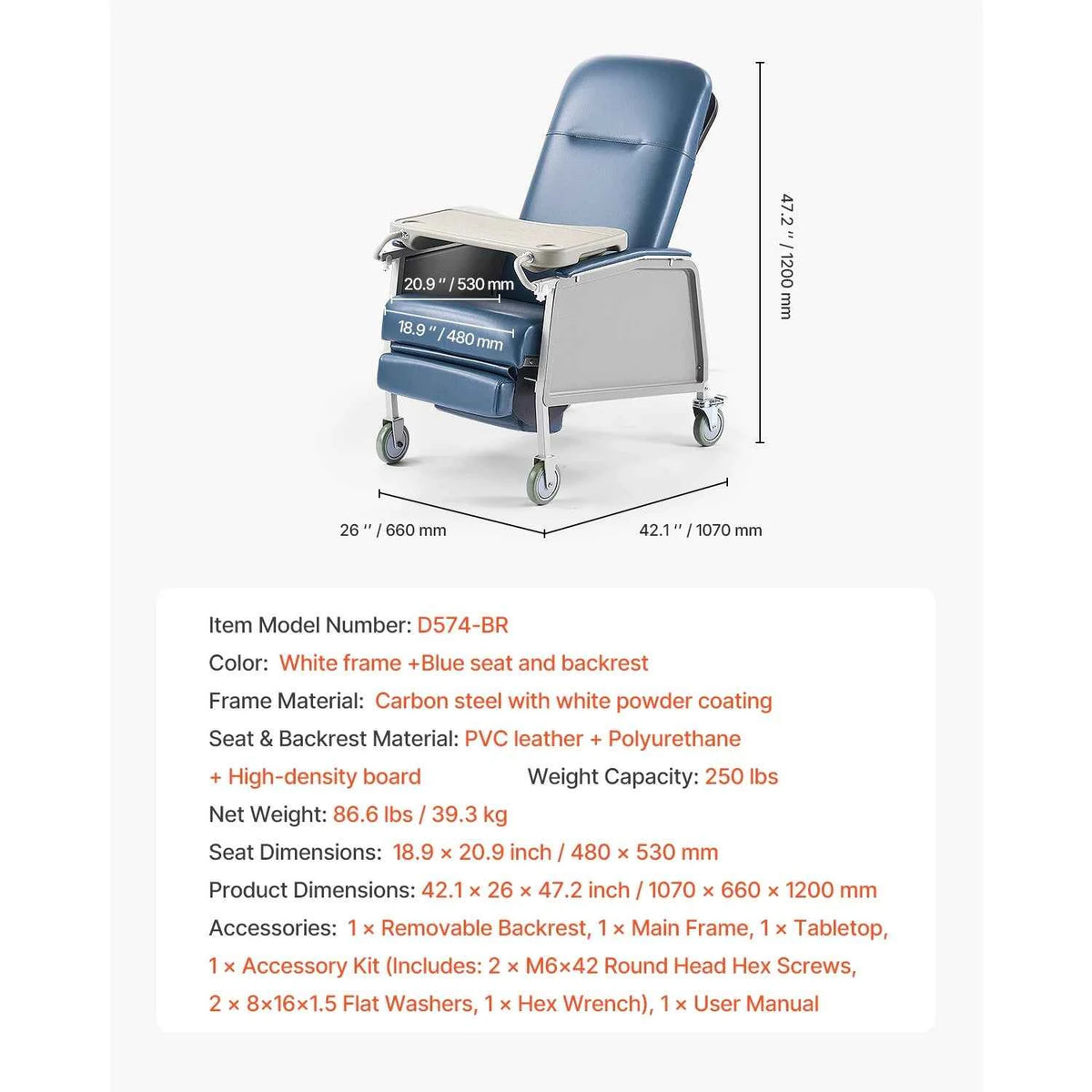 SucceBuy Geri Chair Recliner 3-Position Reclining Geri Chair Movable Recliner Chair with Wheels Ideal for Hospital, Nursing Home
