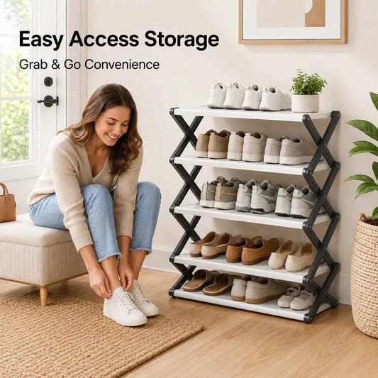 Foldable Shoe Rack, Space-Saving Entryway Shoe Organizer with Stable X-Frame, PP Shelves & Steel Tubes, No Assembly Needed