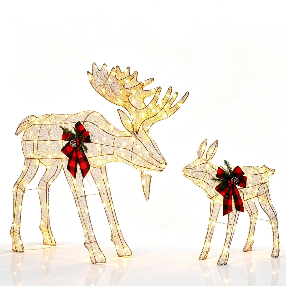 2 Piece Lighted Christmas Reindeer Family. Outdoor Yard Decoration with 240 LED Lights. Gold Glowing Reindeer Lawn Ornament.
