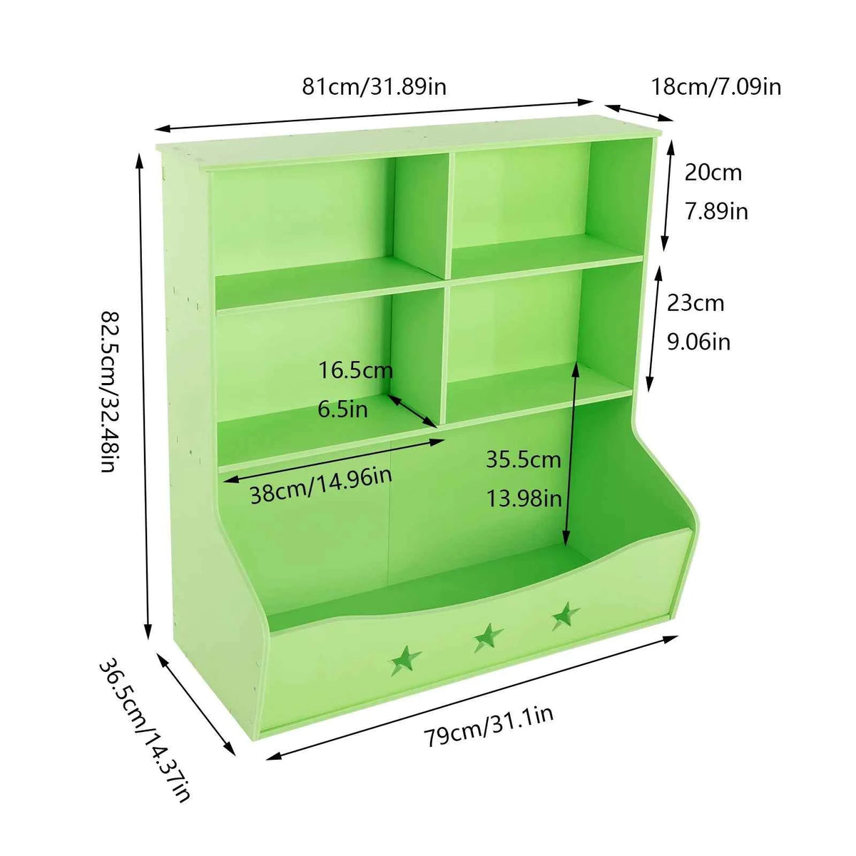 3-Layer Light Green PVC Board Kids Bookcase, Children's Open Shelf Storage for Bedroom or Playroom, Star Pattern 3-Tier Book Display with Bottom Space, Anti-Tip Freestanding Book Shelf for Home, 79x36.5x82.5cm