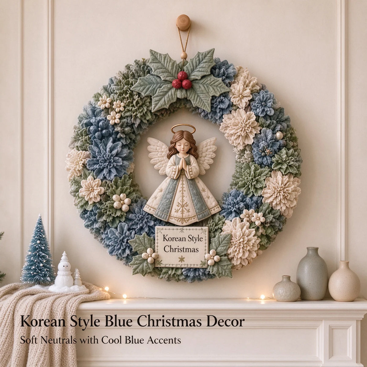 New 3D Christmas Fabric Poke Art Kit: Angel and Small House Wreath 3D Fabric Poke, Home Decoration Ornament, Festival Gift,