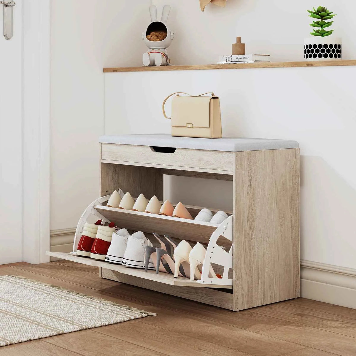 27.5" Storage Bench with Flip Drawers and Adjustable Shelf, Flip-up Cabinet & Padded Cushion - Space-Saving Shoe Cabinet, Organizer for Entryway, Hallway, Bedroom