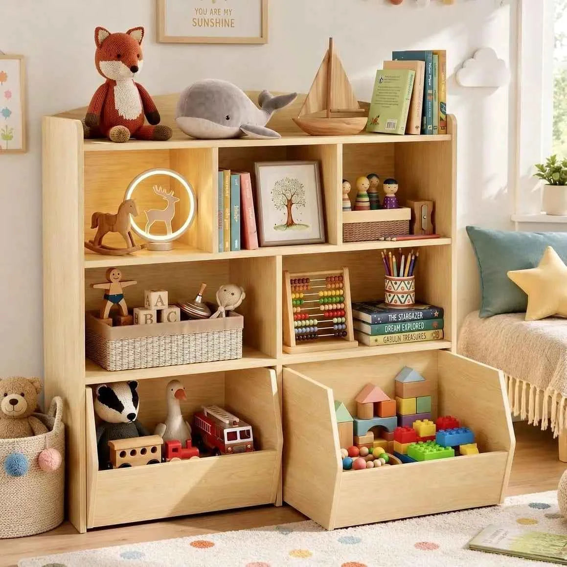 Toy Storage Organizer With 2 Rolling Drawers, Kids Bookshelf With 5 Open Cubbies, Storage Cabinet For Playroom, Bedroom And Nursery