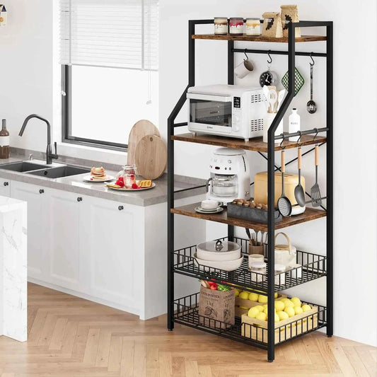 5 Tier Kitchen Bakers Rack with Microwave Stand. Freestanding Storage Shelf with Wire Baskets. Hooks, Industrial Style Organizer
