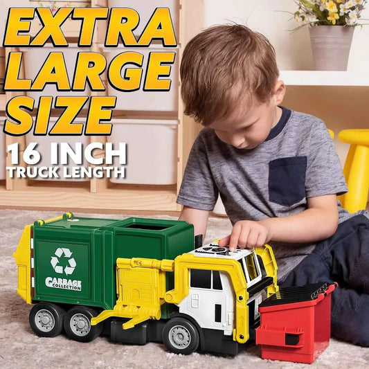 JOYFY Large Friction Powered Garbage Truck Toy Set & Includes Dumpster Trash Bins.