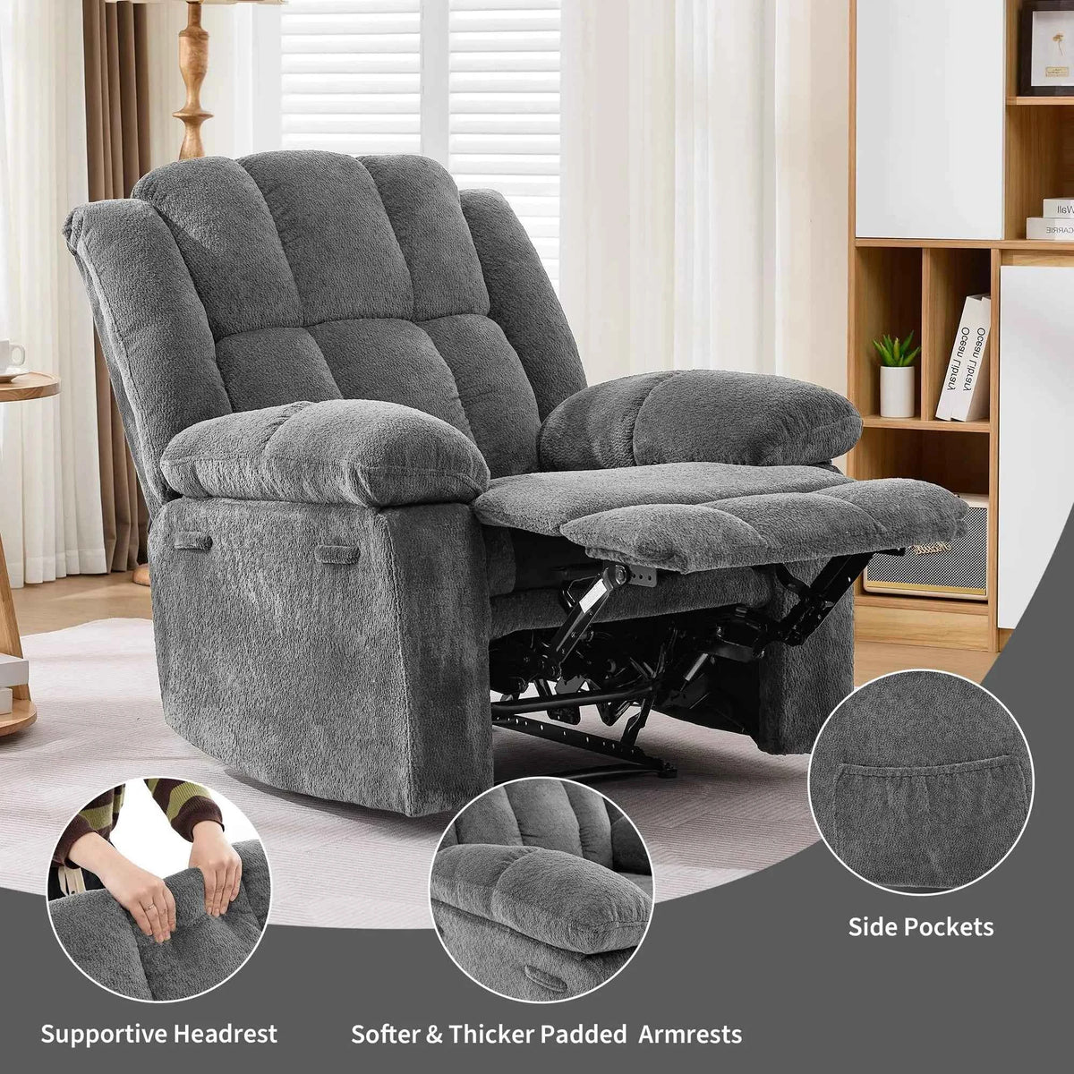 Extra Wide Manual Recliner Chair For Adults. 155 Degree Reclining Upholstered Armchair. Ergonomic Chair With Terry Cloth