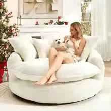 54.3" Round Chaise Lounge Chair, Modern Upholstered Boneless Couch with 5 Throw Pillows and Deep Seat