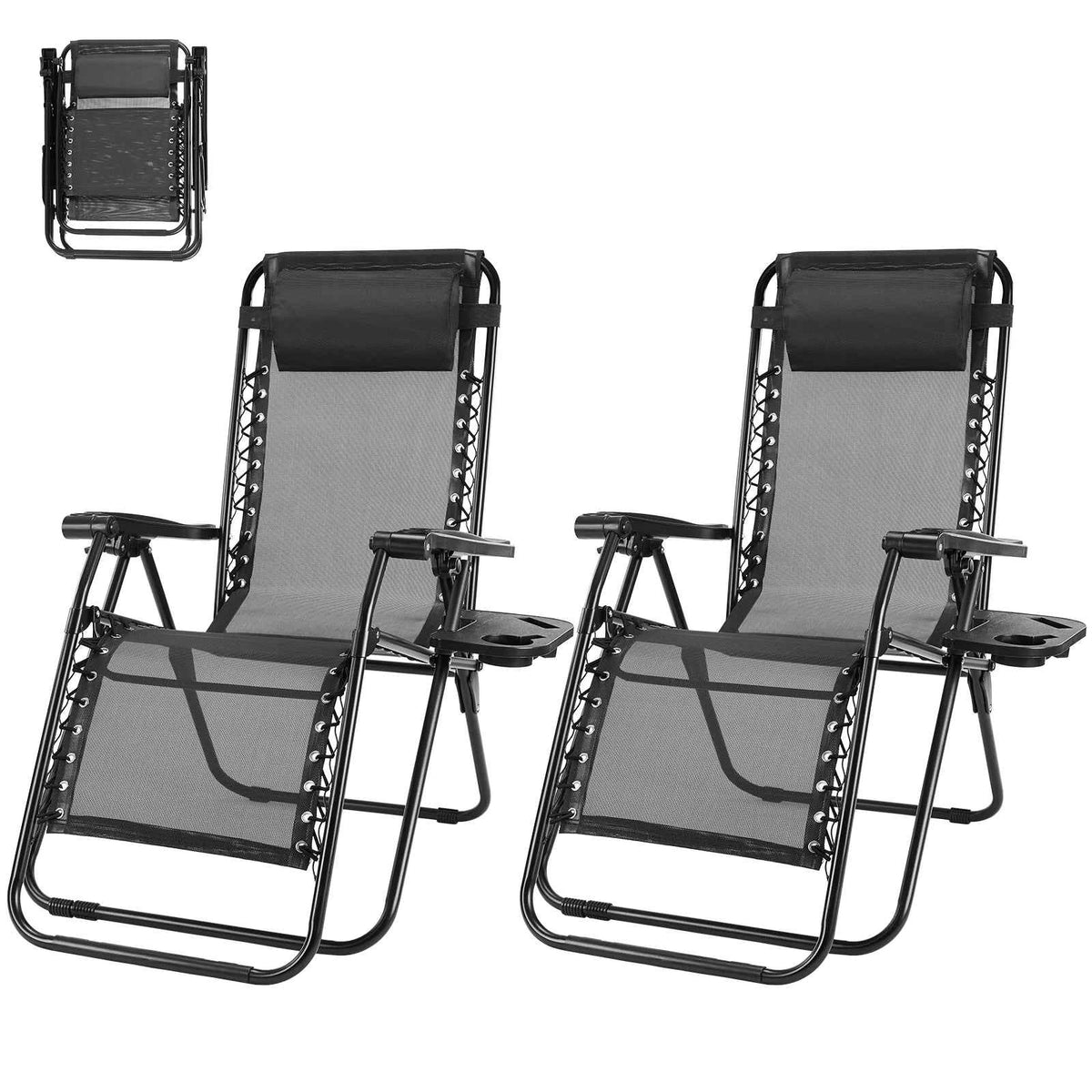 MCQ Outdoor Zero Gravity Chairs Set of 2. Folding Recliner with Cup Holder and Adjustable Pillow