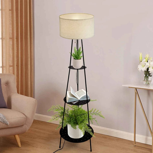 Floor Lamp with 3-Tier Storage Shelves with 3-Color Dimmable E26 Bulb, 120° Wide Illumination 11 lbs per Shelf , Black/Beige