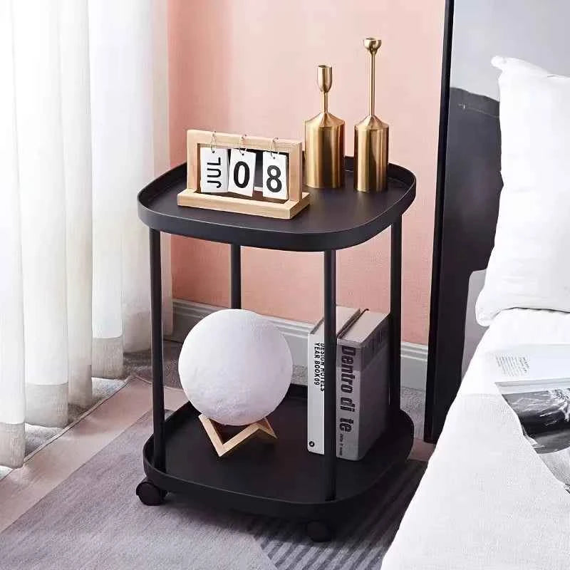 Multifunctional 2-Tier Round Side Table with Lockable Wheels, INS Style Movable Storage Rack Cart,