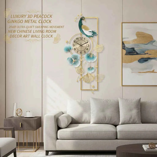 Peacock & Ginkgo Leaves Wall Clock 100x50cm, Modern Metal Wall Decor with Silent Sweep Movement, Decorative Art Clock, Gold