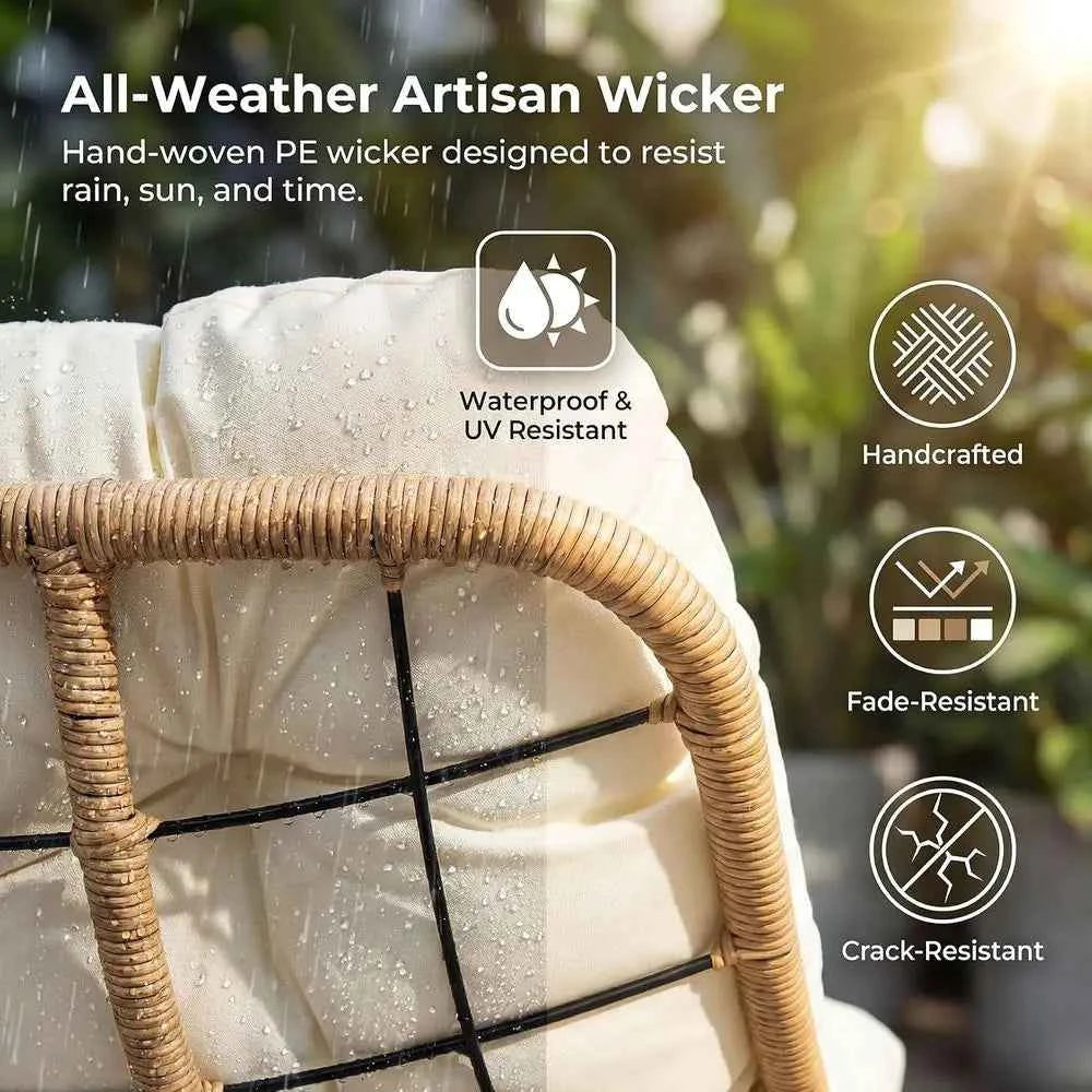 Oversized Double Rocking Papasan Chair with Thick Cushion, 2 Person Big Wicker Outdoor Comy Recliner, Extra Large Heavy Duty Egg