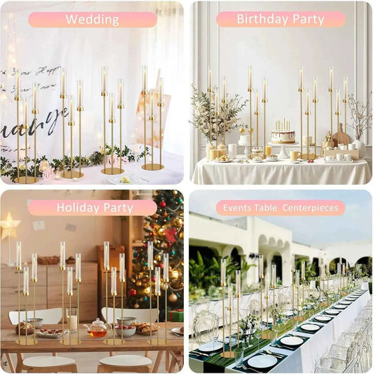 10PCS Gold 3 Arm Candelabra, 34" Tall Taper Candle Holder Centerpiece for Many Special Events. Metal Candlestick