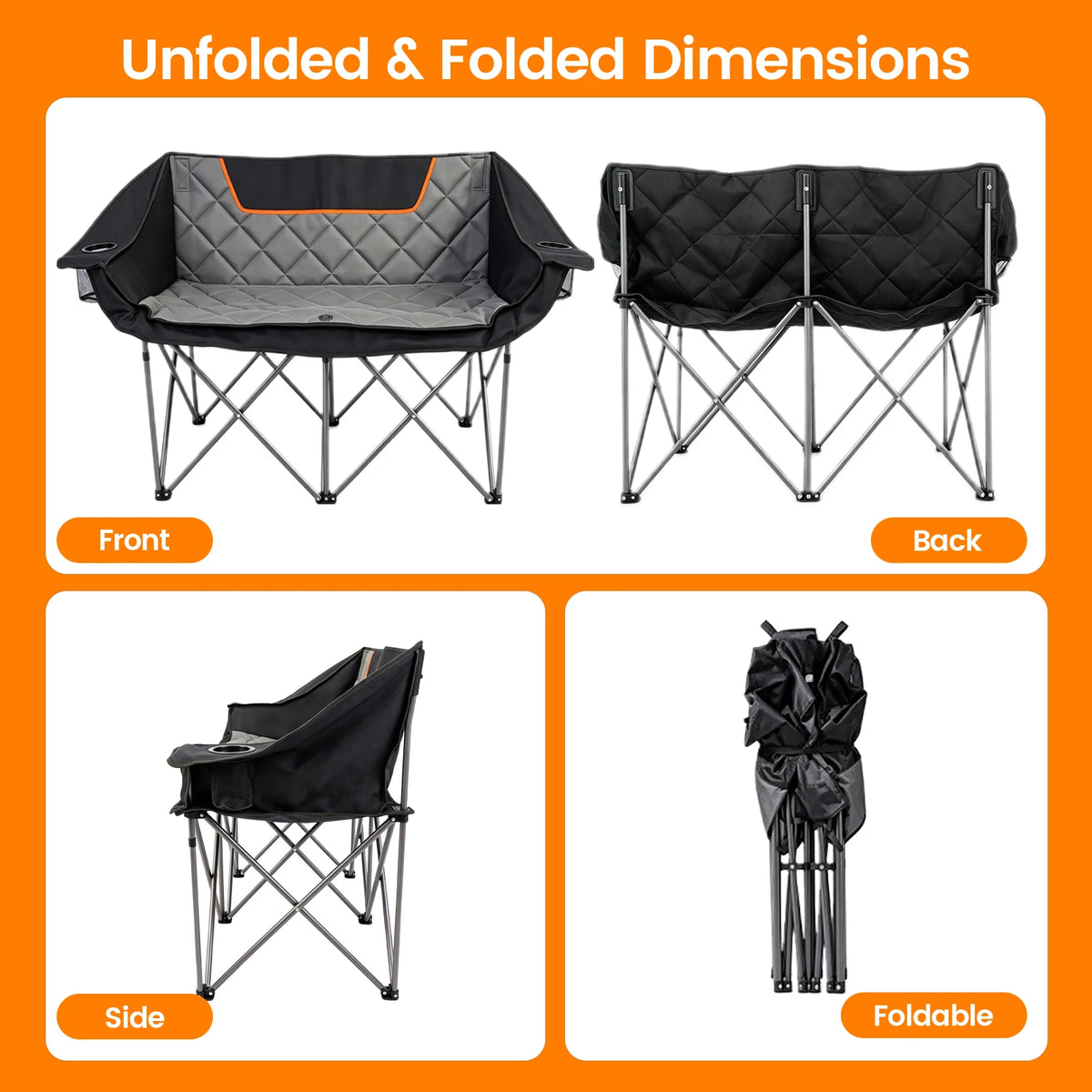 Double Folding Camping Chair, Heavy Duty Oversized 2-Person. 600D Oxford Portable Outdoor Seat with 660LBS Weight Capacity, Cup Holders, Storage Pocket, Ideal for Beach, Fishing, Picnic, Travel