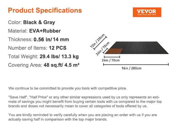 SucceBuy 25/12/6 PCS 1/2 inch Thick Gym Floor Mats. EVA Foam Rubber Top. Interlocking Workout Floor Mats. Waterproof
