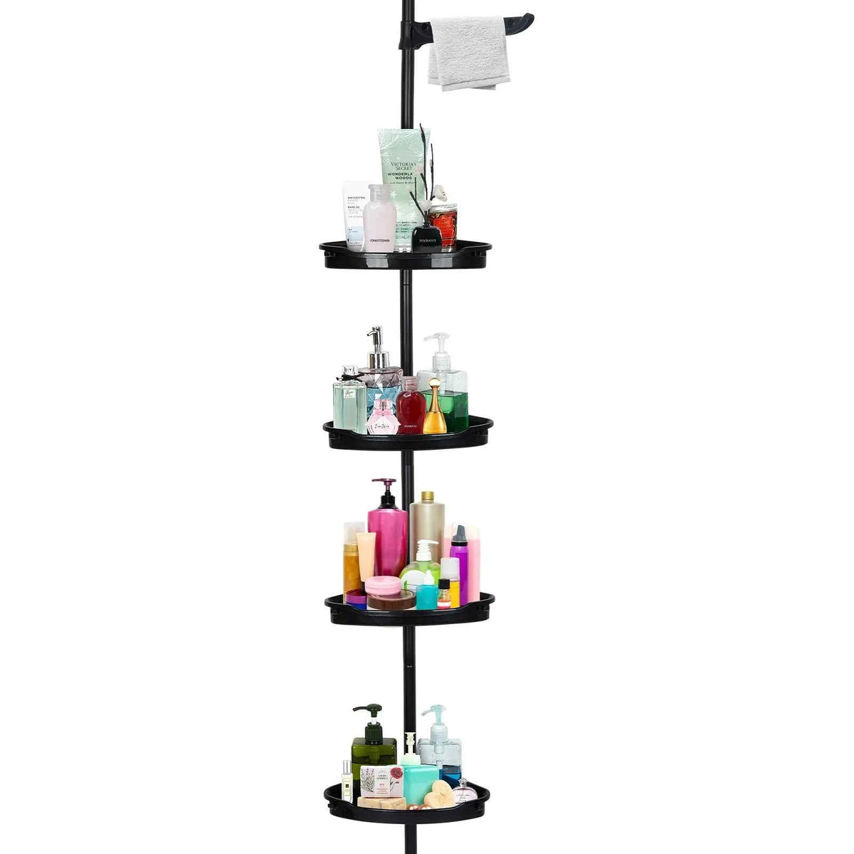 Space-Saving 4-Tier Corner Shower Caddy Tension Pole Organizer – Adjustable Rustproof Storage with Basket Shelves & Towel Bars – Easy Install, Fits 39-113 Inches, White