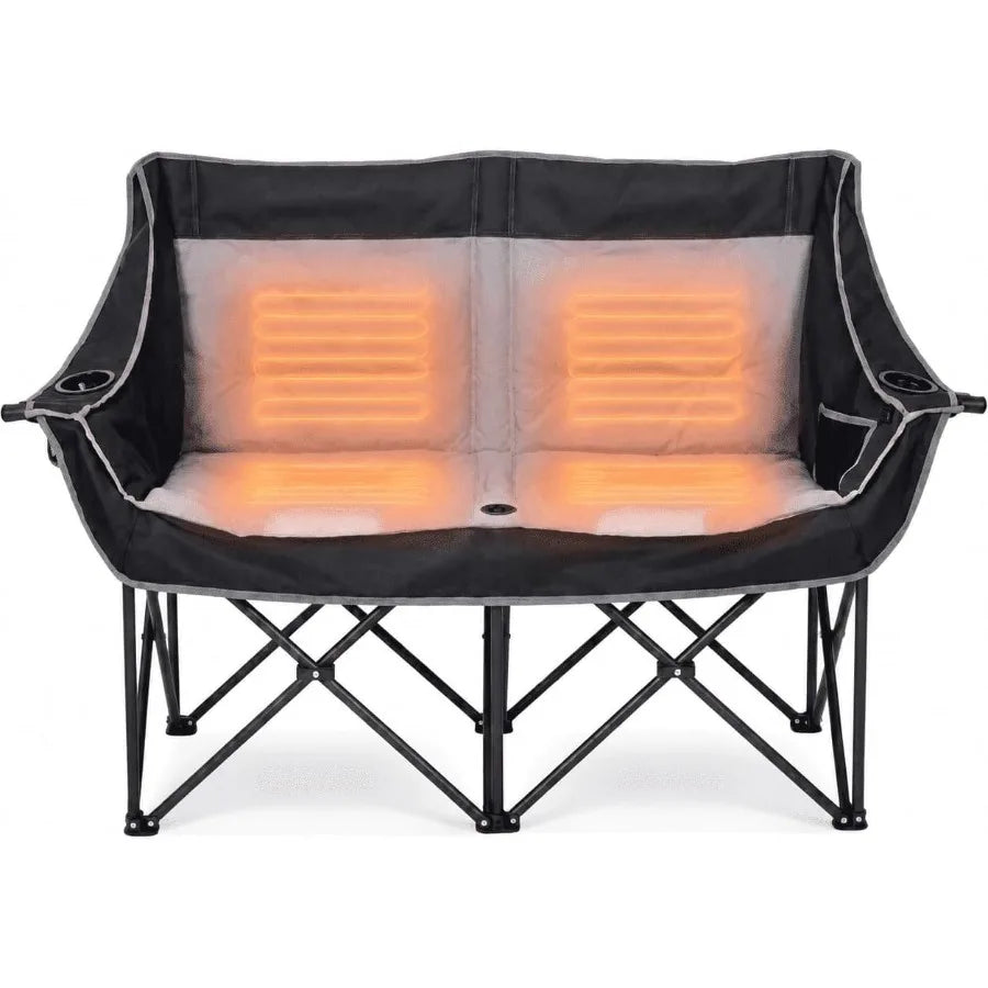 Heated Double Camping Chair for Adults, Folding Camping Sofa: Outdoor Use, Steel Frame Polyester Fabric, Black, 2-Zone Heating