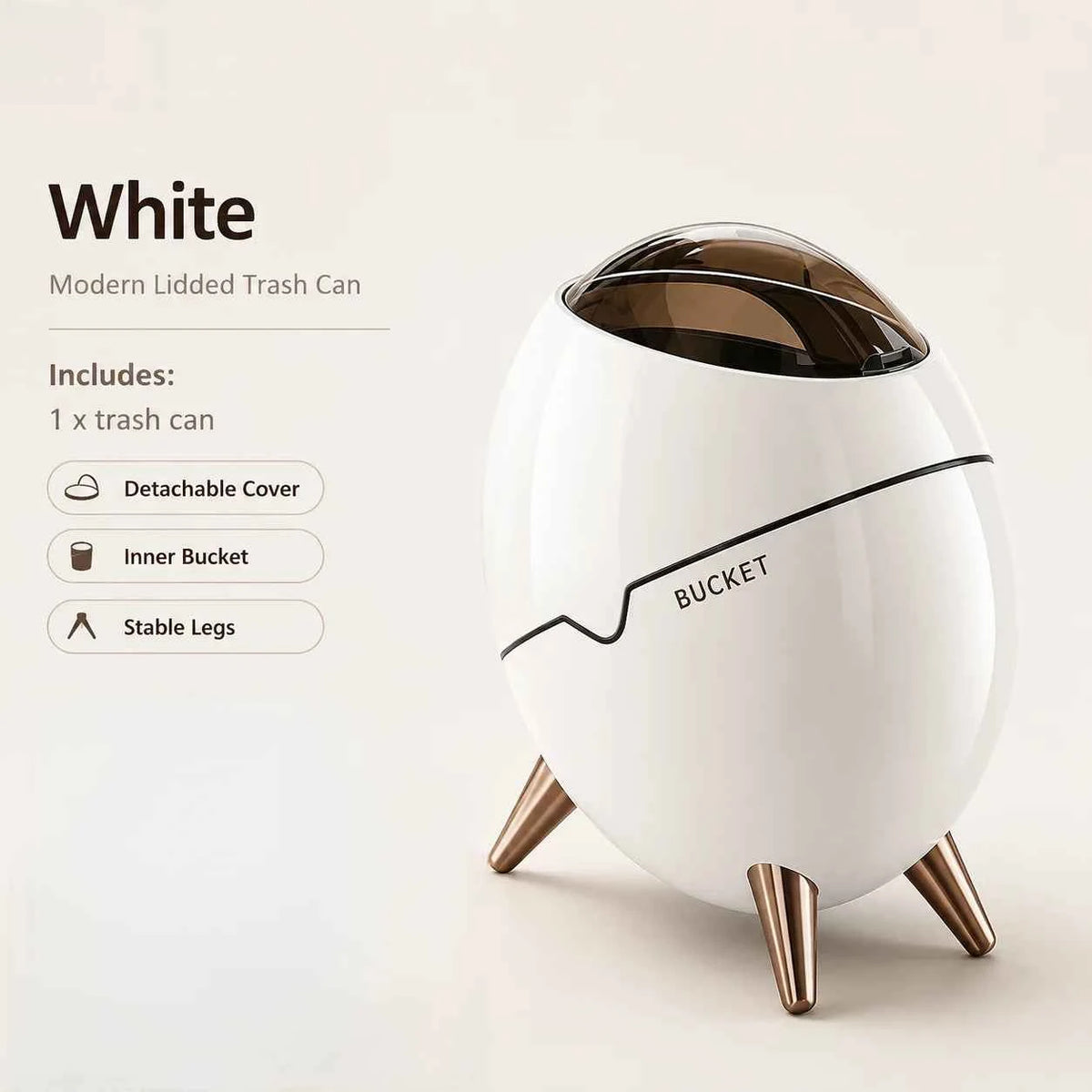 1 Pack Egg Shaped Swing Lid Trash Can with Removable Inner Bucket & Smoky Odor-proof Cover, Luxury Golden Metal Tripod Legs Compact Decorative Mini Waste Bin for Bedroom Bathroom Living Room Nightstand Side Table Household Ga