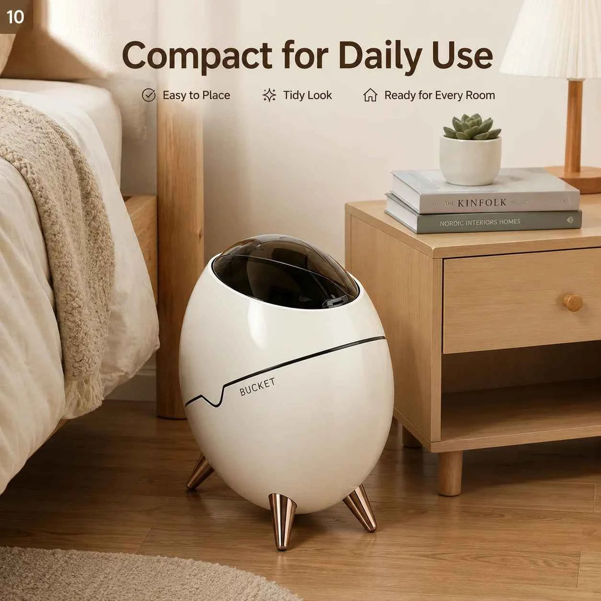 1 Pack Egg Shaped Swing Lid Trash Can with Removable Inner Bucket & Smoky Odor-proof Cover, Luxury Golden Metal Tripod Legs Compact Decorative Mini Waste Bin for Bedroom Bathroom Living Room Nightstand Side Table Household Ga