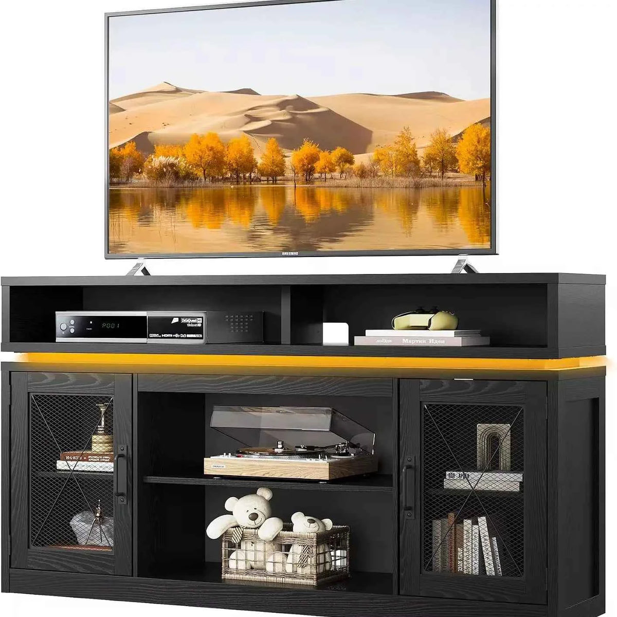 Farmhouse Stand for TVs Up to 65" with LED & Top Shelf, Black Entertainment Center with Storage Cabinets, Open Shelf.