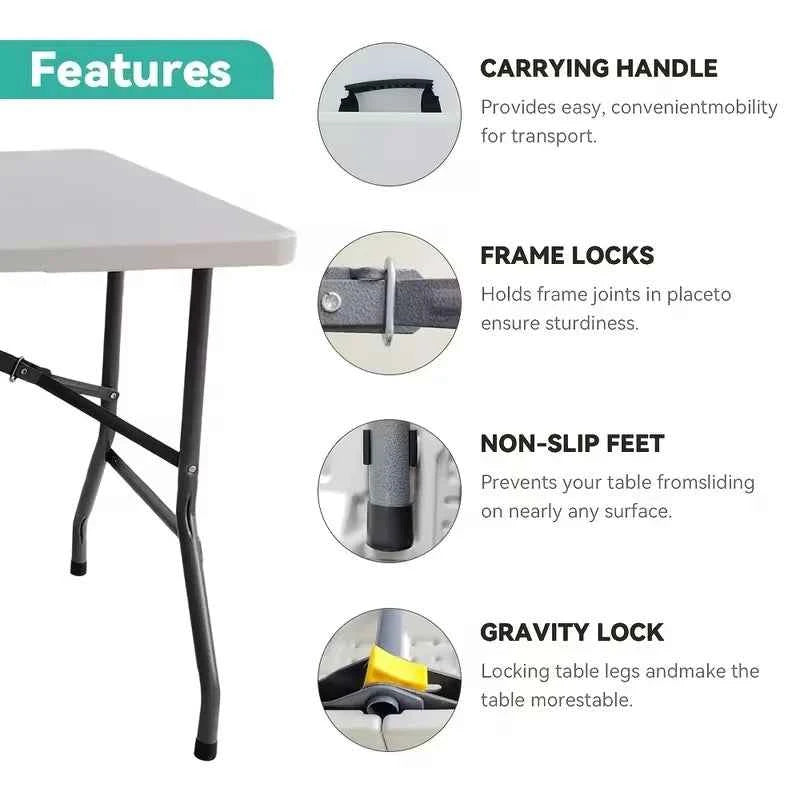 Portable Plastic Folding Table with Carry Handle, Waterproof, Steel Frame with Safety Lock for Picnic, Party ,Dining, Outdoor Indoor, Garden